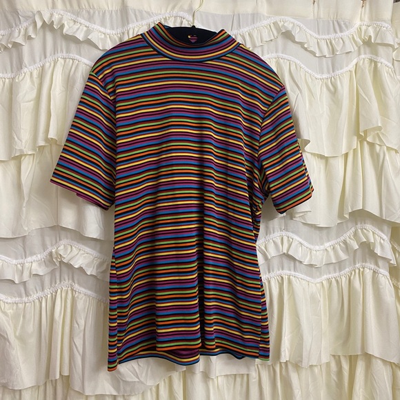 Rainbow striped vintage mock neck tee - Picture 1 of 4